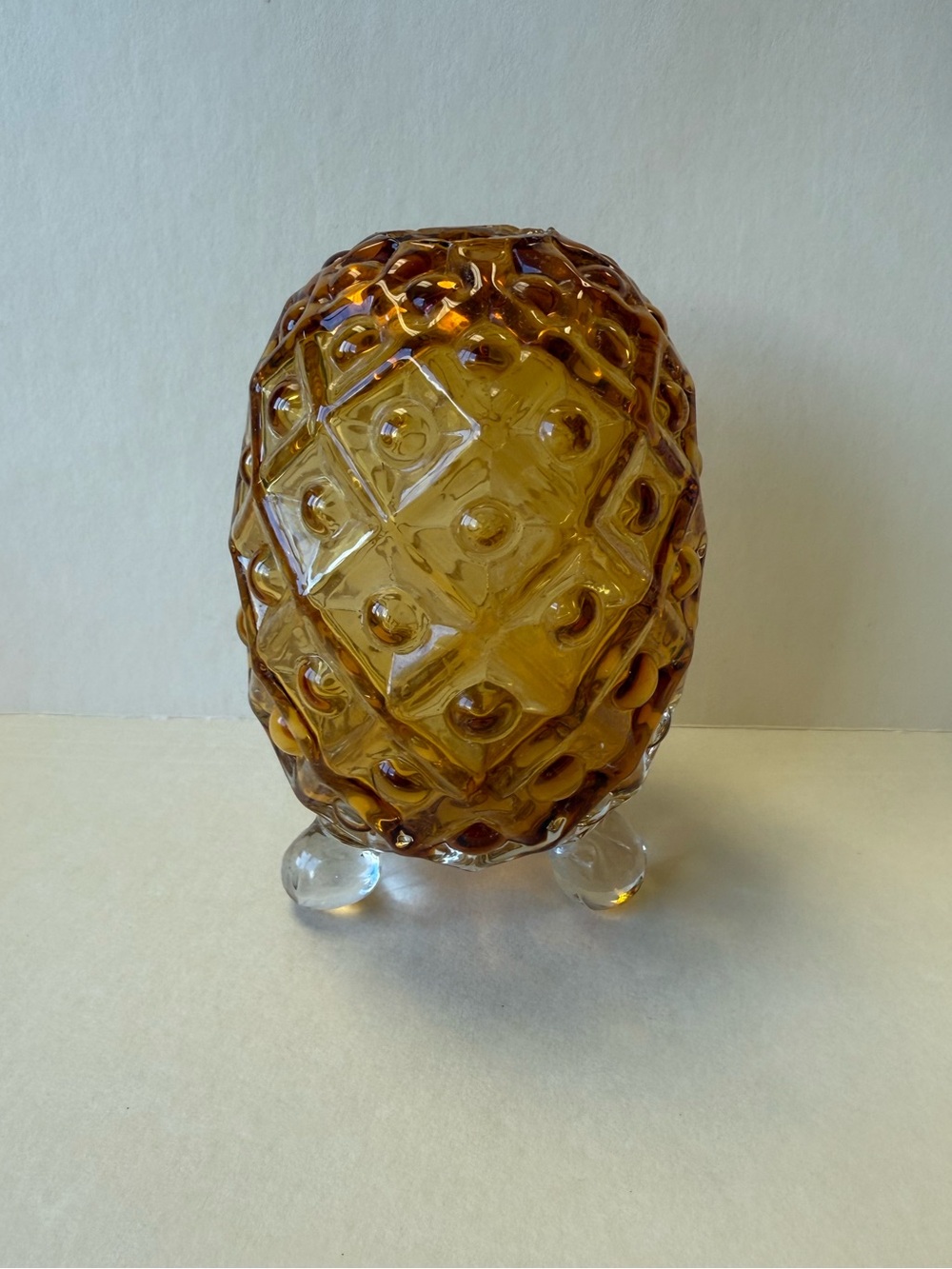 Vintage Fenton Amber Honey Glass Pineapple Egg 3 Footed Textured Figure Decor.